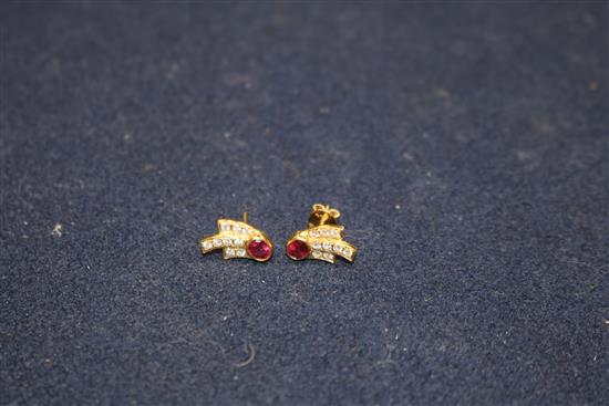 A pair of 14ct gold, emerald and diamond earrings and a pair of 18ct gold, ruby and diamond earrings